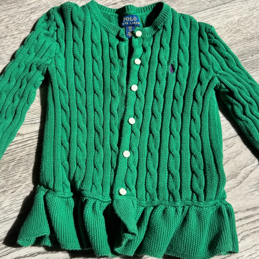 Polo Ralph Lauren Cable-Knit Cotton Peplum Cardigan Green Size Small 7 Girls